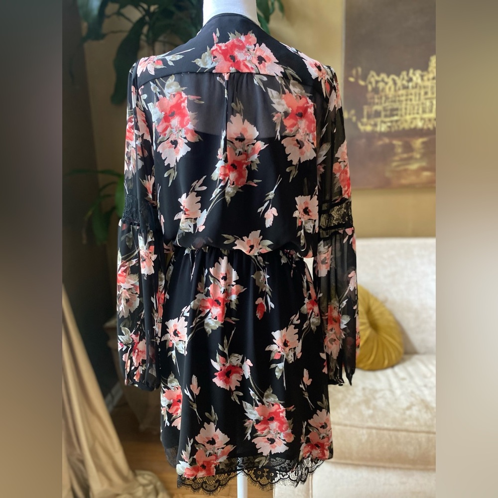 {WHBM}. Floral Black & Pink Chiffon Dress. - Picture 3 of 15